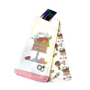 Cynthia Rowley Wedding Cake & Floral Print Dish Towels Set Of 2 100% Cotton Whit